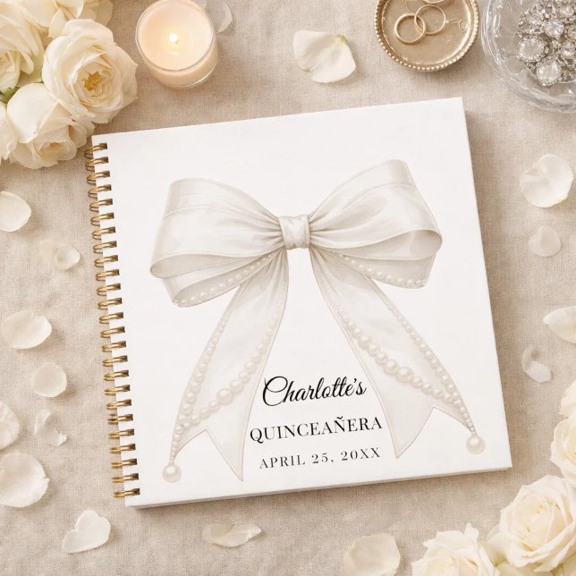 Guest book Quinceanera bow ivory white pearls Notizbuch (Von Creator hochgeladen)
