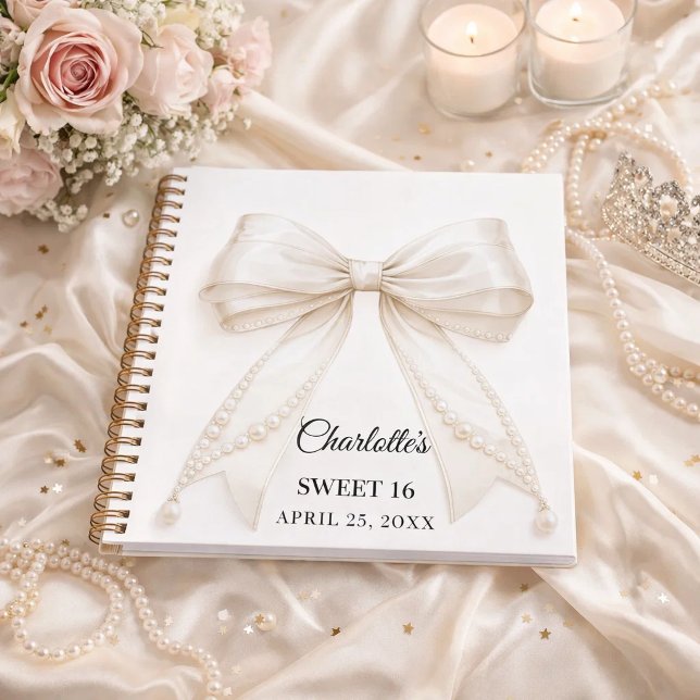 Guest book Sweet 16 bow ivory white pearls Notizbuch (Von Creator hochgeladen)