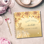Guest book Sweet 16 gold glitter dress  Notizbuch<br><div class="desc">For a Sweet 16,  16th birthday party.  A faux gold background with faux glitter dust,  a dress and golden roses,  florals.  The name is written with a modern hand lettered style script.  Personalize and add a name and date.</div>