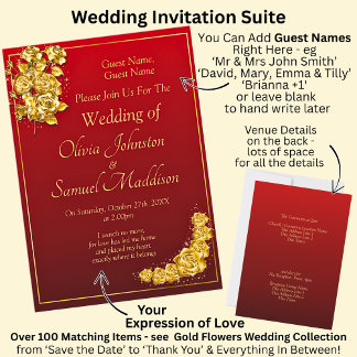 Guest Names, Gold Roses Maroon Red Wedding Einladung