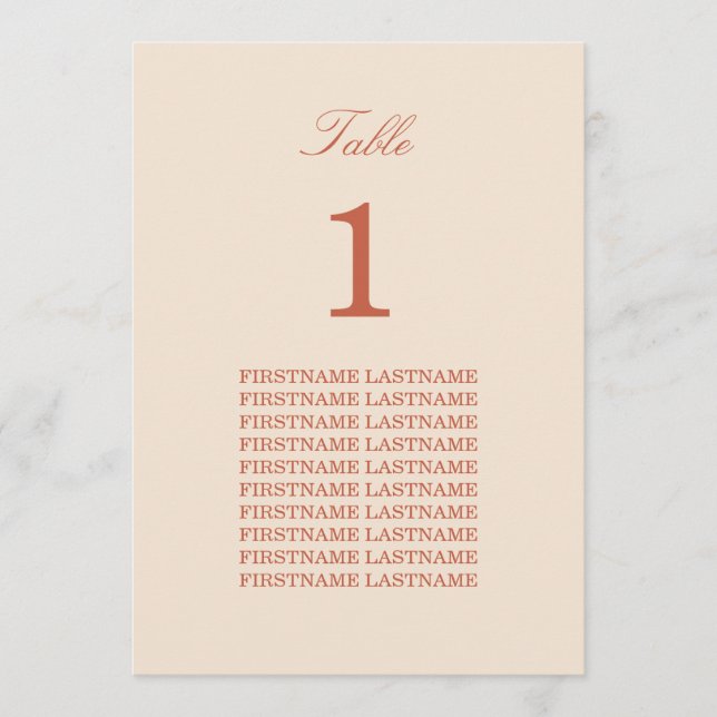 Guest Names Terracotta Script Table Card (Vorderseite)