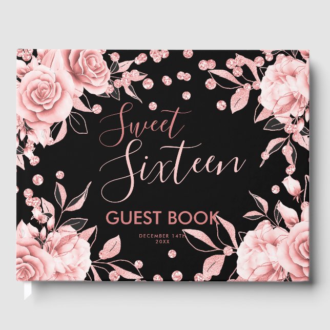 Guestbook Rose Gold Black Sweet 16 Glitzer Confett Gästebuch (Vorderseite)