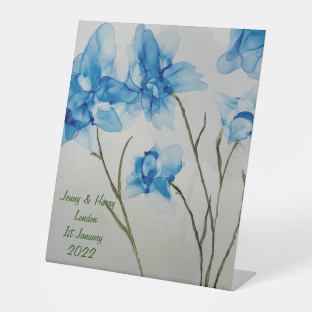 Guestbook Wedding Blue Flowers  Hand Fan Sockelschild (Vorderseite)