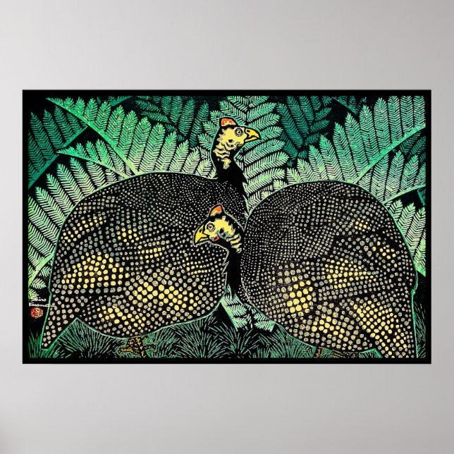 Guinea Hens kasamatsu shiro bird leaf japanic art Poster (Vorne)