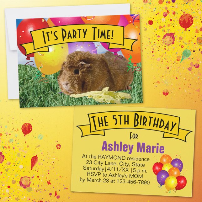 Guinea Pig Balloons 5. Geburtstagsparty Einladung (Guinea pig & balloon party invitation template.)