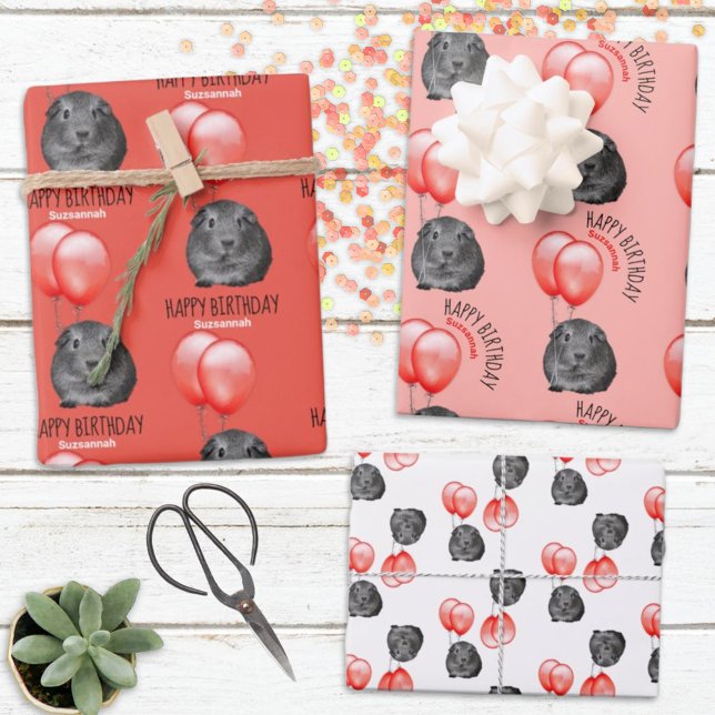 Guinea Pig Orange Balloons Individuelle Name Gebur Geschenkpapier Set (Personalize or remove template  text on a three sheet gift wrap for a birthday or other occasion.)
