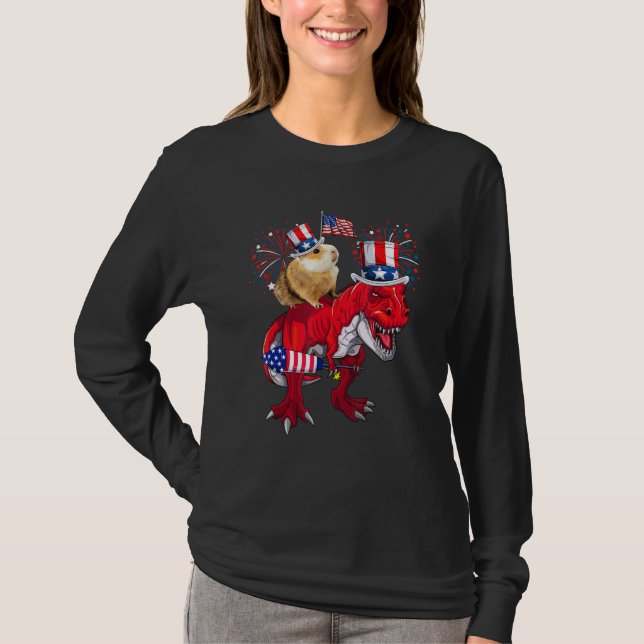 Guinea Pig Ridding T-Rex 4th Of July Fireworks Lov T-Shirt (Vorderseite)