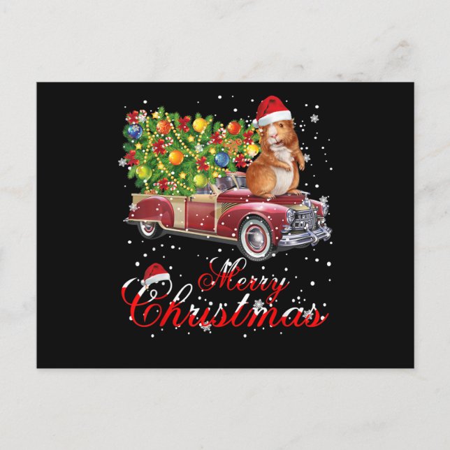 Guinea Pig Rides Red Truck Weihnachten Postkarte (Vorderseite)