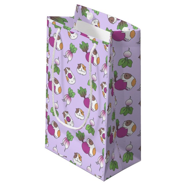 Guinea Pig und Radish in Lavendel Pattern Kleine Geschenktüte (Vorderseite Schrägansicht)