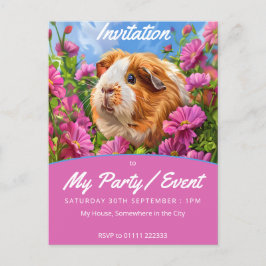 Guinea Pig unter rosa Blume Einladungspostkarte