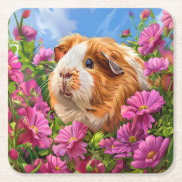 Guinea Pig unter rosa Blume Rechteckiger Pappuntersetzer