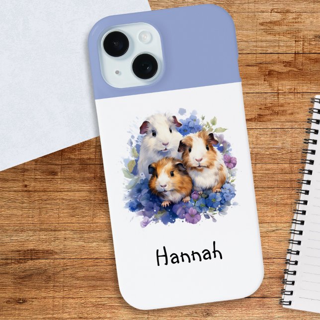 Guinea Pigment Wasserfarbe Niedlich Hübsch Case-Mate iPhone Hülle (A cute personalized phone case, with watercolor illustration of three guinea pigs with blue flowers)