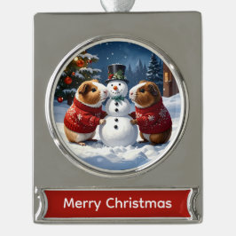 Guinea Schweine & Schneemann Weihnachten Banner-Ornament Silber