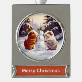 Guinea Schweine & Schneemann Weihnachten Banner-Ornament Silber