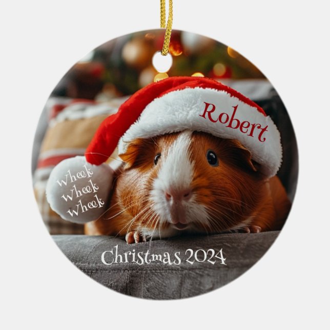 Guinea Schweinefleisch mit Santa Cap Personalisier Keramik Ornament (Vorne)