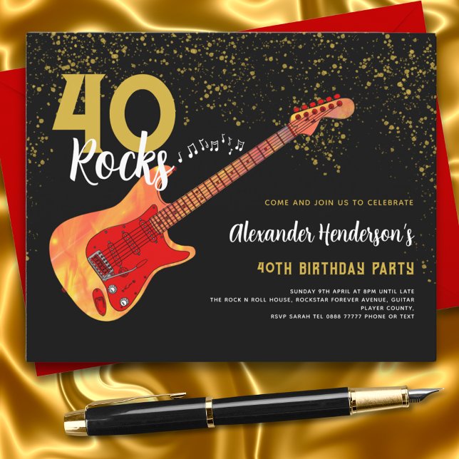 Guitar 40. Geburtstag Party Gold Glitzer Budget (Electric Guitar 40th birthday party black and gold glitter 40 rocks budget invitation)