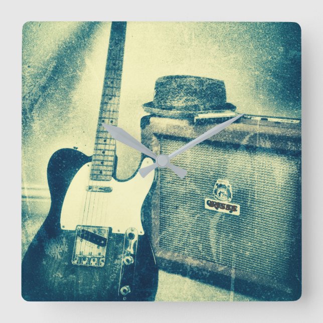 Guitar Amp Harmonica Bluesman Clock Quadratische Wanduhr (Vorderseite)