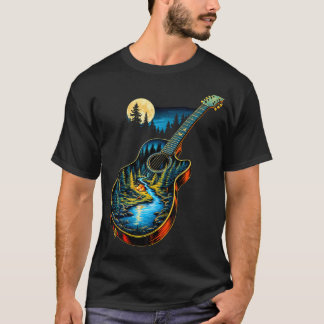Guitar Lake Reflections Forest Pine Tree Moon Camp T-Shirt