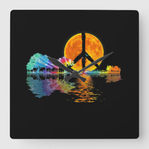 Guitar Lake Shadow Peace Love Guitar Hippie Quadratische Wanduhr