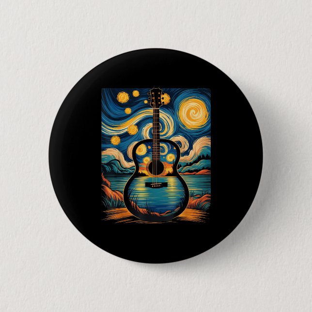 Guitar Lake Starry Night Music Guitarist Van Gogh  Button (Vorderseite)