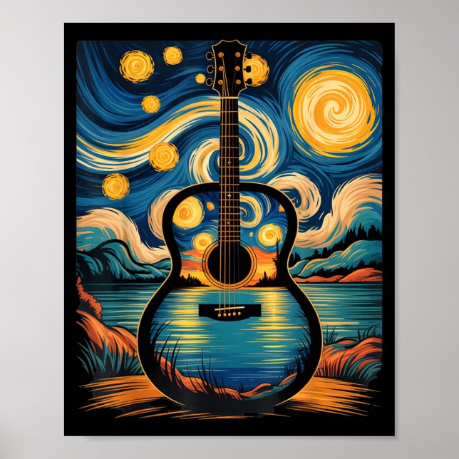 Guitar Lake Starry Night Music Guitarist Van Gogh  Poster (Vorne)