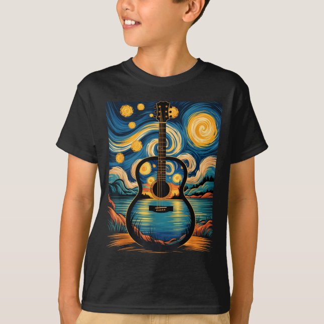 Guitar Lake Starry Night Music Guitarist Van Gogh  T-Shirt (Vorderseite)