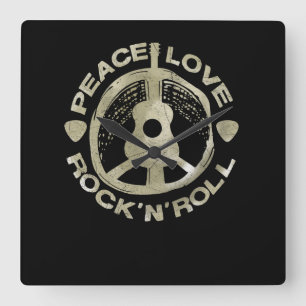 Guitar Lover Peace Love Rock'N'Roll Quadratische Wanduhr