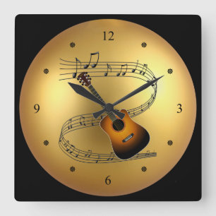 Guitar ~Musical Scroll ~Golden Globe Background ~ Quadratische Wanduhr