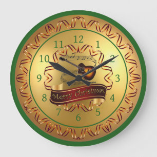 Guitar - Musical Scroll - Merry Christmas Große Wanduhr