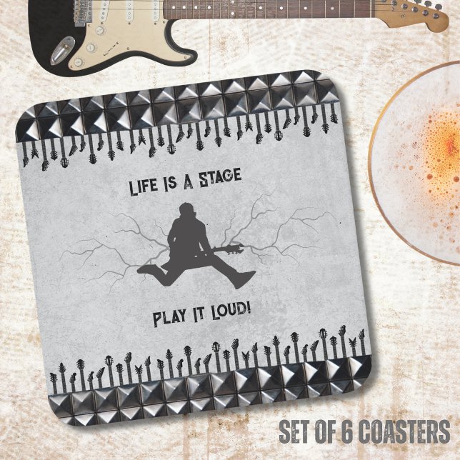Guitar Play It Loud Gray Black Music Rockstar Rechteckiger Pappuntersetzer (Inspire your inner Rockstar with these edgy Life Is a Stage coasters)