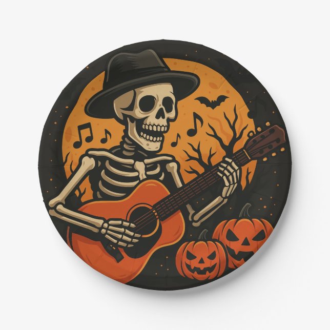 Guitar-Playing Skull Halloween Paper Plate Pappteller (Vorderseite)