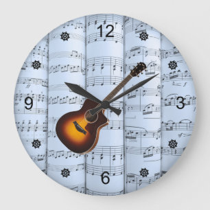 Guitar - Rolled Sheet Music - Blue Tint Background Große Wanduhr