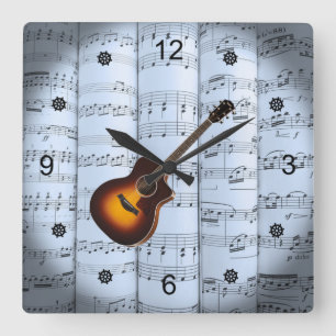 Guitar - Rolled Sheet Music - Blue Tint Background Quadratische Wanduhr