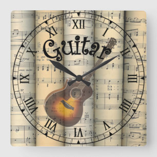 Guitar ~ Rolled Vintage Sheet Music ~ Unique ~ Quadratische Wanduhr