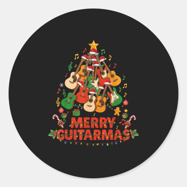 Guitar Santa Hat Christmas Tree Funny Music Loves  Runder Aufkleber (Vorderseite)