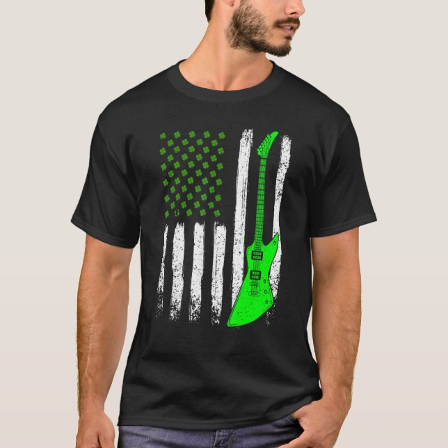 Guitar St Patrick's Day American Flag Irish Cultur T-Shirt (Vorderseite)
