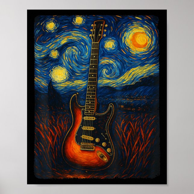 Guitar Starry Night Van Gogh Gitarrist Rock and Ro Poster (Vorne)