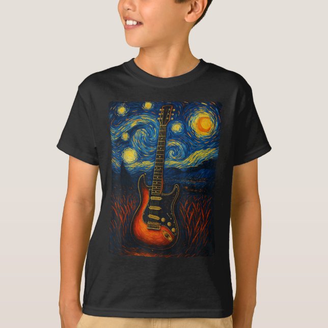 Guitar Starry Night Van Gogh Gitarrist Rock and Ro T-Shirt (Vorderseite)
