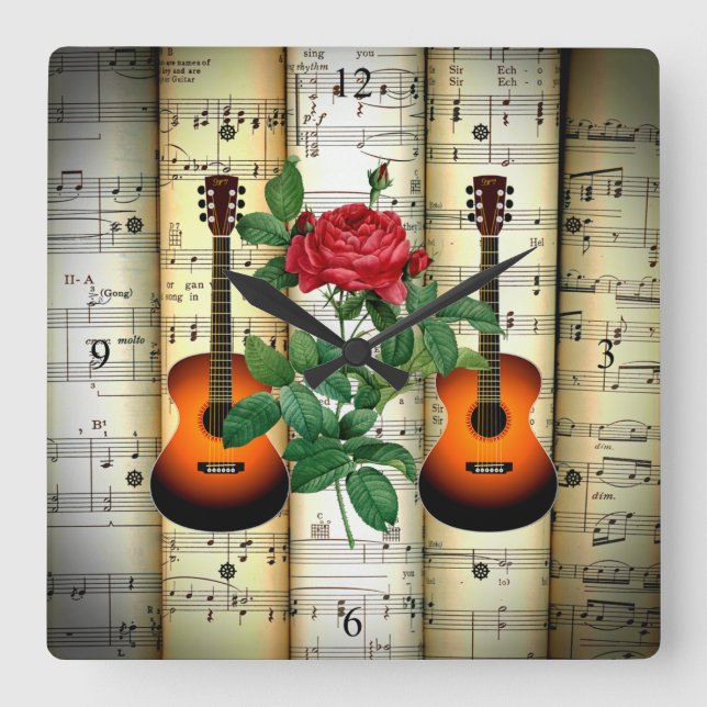 Guitars & Rose Rolled Sheet Music Great Gift Quadratische Wanduhr (Vorderseite)