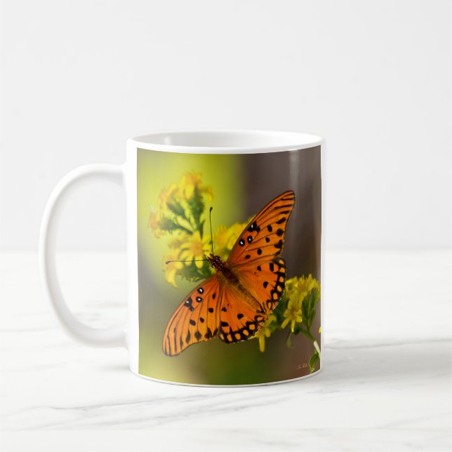 Gulf-Fritillary oder Passionsfalter auf Goldrute Kaffeetasse (Links)