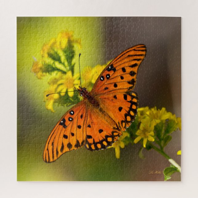 Gulf-Fritillary oder Passionsfalter auf Goldrute Puzzle (Vertikal)