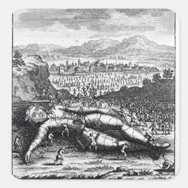 Gulliver, von den Lilliputianern gefangen Quadratischer Aufkleber (Vorderseite)