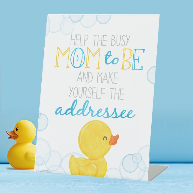 Gummi Duck-Adresse des Umschlags Babydusche Sockelschild (Watercolor Rubber Duck Make the Mom to be the Addressee Table Pedestal Party Sign)