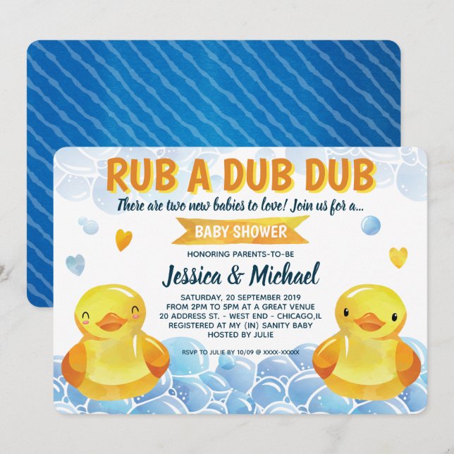 Gummi Duck Gender Neutral Twins Baby Dusche Einladung (Vorne/Hinten)