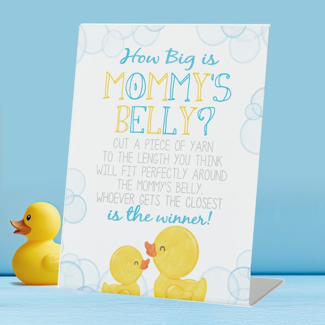 Gummi Duck Wie groß ist Mommy's Bauchduschenspiel Sockelschild (Watercolor Rubber Duck How Big is Mommy's Belly Bump Table Pedestal Party Sign)