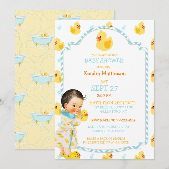 Gummi Ente Ducky Gender Neutral Aqua Gelb Einladung (Vorne/Hinten)