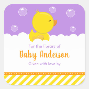 Gummi-Ente Gelb Lila Baby-Bibliotheks-Exlibris Quadratischer Aufkleber