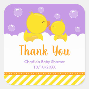 Gummi-Enten-Baby-Shower Gelb Lila Danke Quadratischer Aufkleber