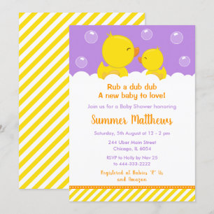 Gummi-Enten-Baby-Shower Gelb und Lila Einladung