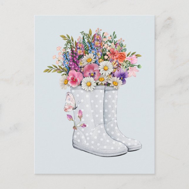 Gummistiefel mit Blumenstrauß Postkarte (Vorderseite)